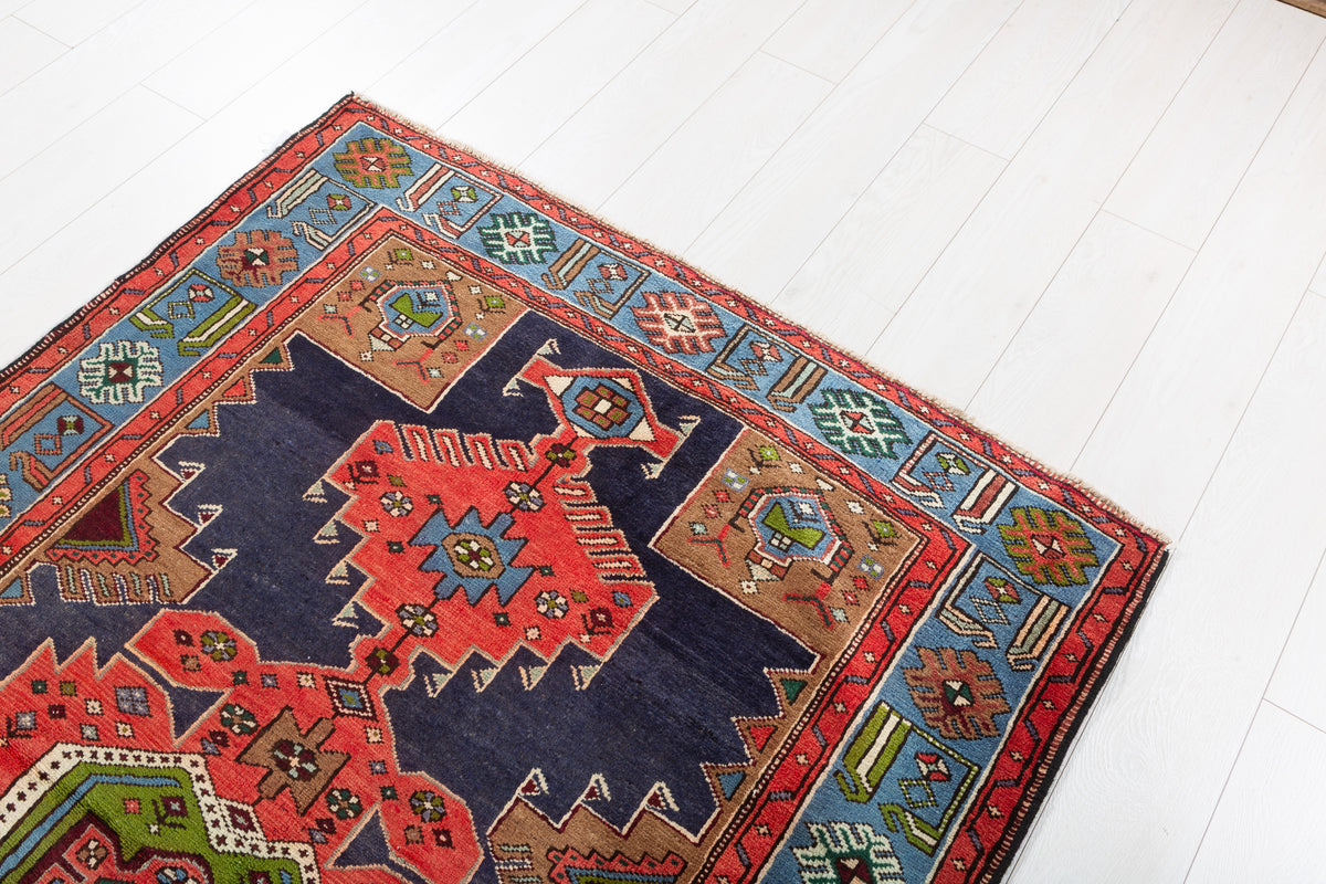 Rare Vintage Red, Navy Blue, Light Blue, Green and Brown Pictorial Geometric Hand-Knotted Area Rug – 6' 8" x 4' 3" (203 x 130 cm)