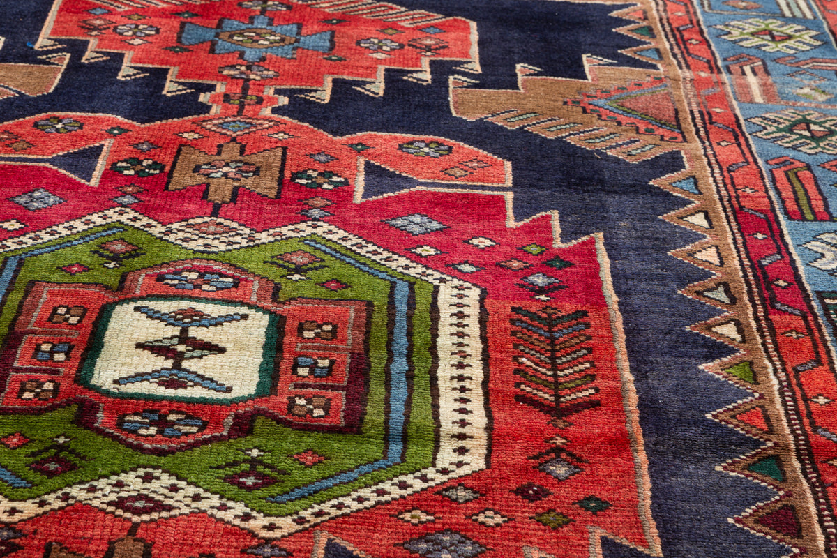 Rare Vintage Red, Navy Blue, Light Blue, Green and Brown Pictorial Geometric Hand-Knotted Area Rug – 6' 8" x 4' 3" (203 x 130 cm)