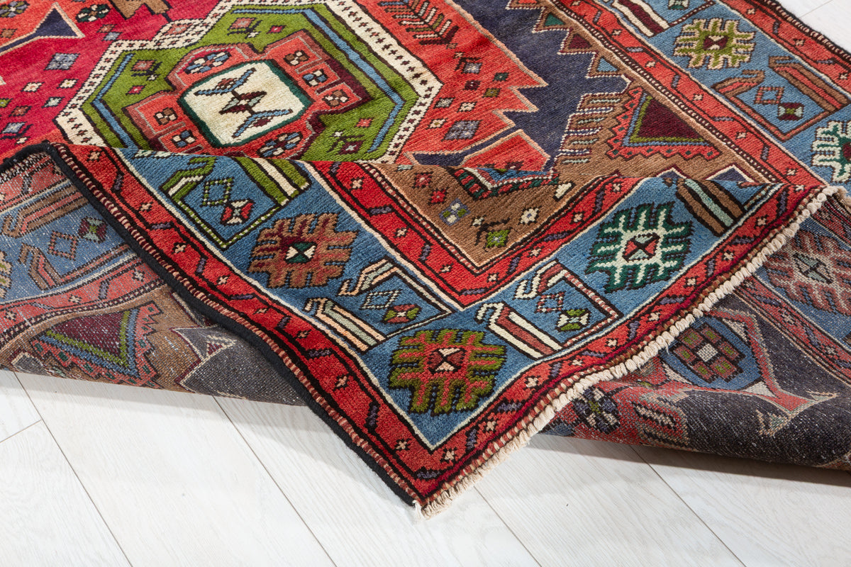 Rare Vintage Red, Navy Blue, Light Blue, Green and Brown Pictorial Geometric Hand-Knotted Area Rug – 6' 8" x 4' 3" (203 x 130 cm)