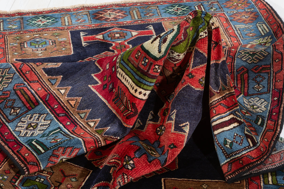 Rare Vintage Red, Navy Blue, Light Blue, Green and Brown Pictorial Geometric Hand-Knotted Area Rug – 6' 8" x 4' 3" (203 x 130 cm)