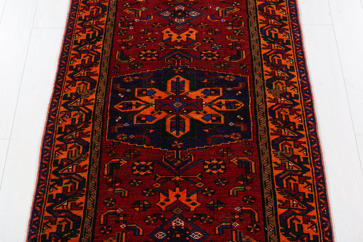 Rare Vintage Rust Red, Navy Blue, Orange Allover Geometric Hand-Knotted Area Rug – 6' 6" x 3' 5" (198 x 104 cm)