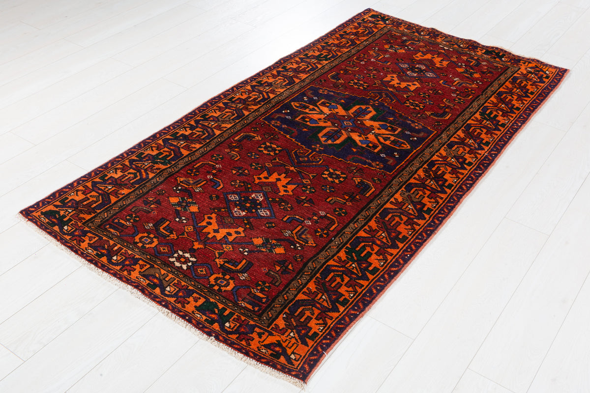 Rare Vintage Rust Red, Navy Blue, Orange Allover Geometric Hand-Knotted Area Rug – 6' 6" x 3' 5" (198 x 104 cm)