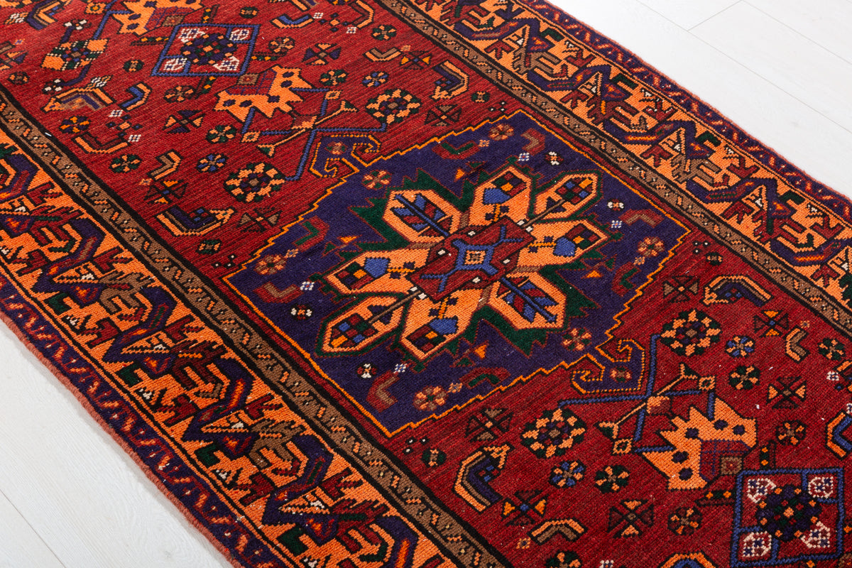 Rare Vintage Rust Red, Navy Blue, Orange Allover Geometric Hand-Knotted Area Rug – 6' 6" x 3' 5" (198 x 104 cm)