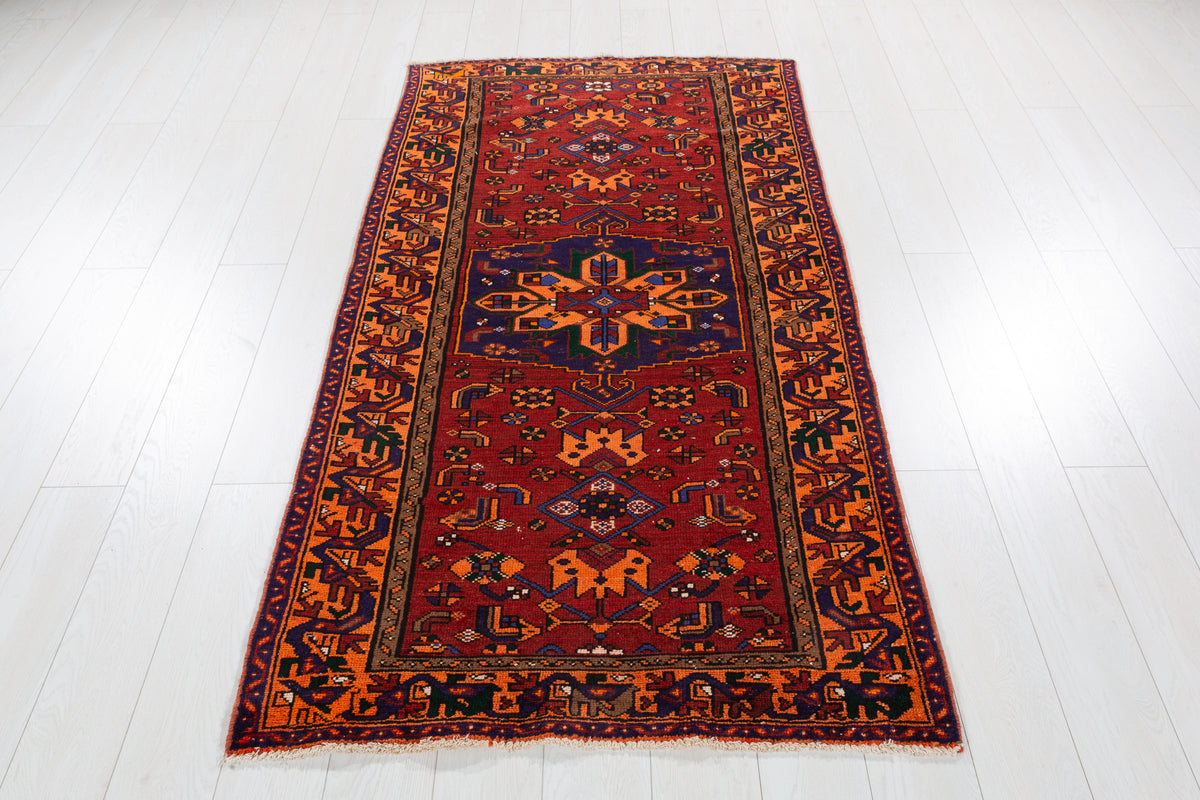 Rare Vintage Rust Red, Navy Blue, Orange Allover Geometric Hand-Knotted Area Rug – 6' 6" x 3' 5" (198 x 104 cm)