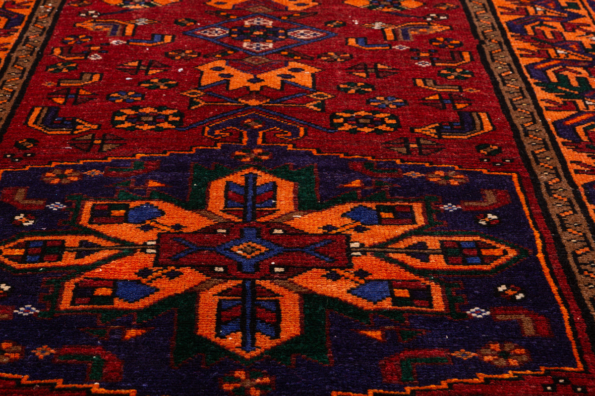 Rare Vintage Rust Red, Navy Blue, Orange Allover Geometric Hand-Knotted Area Rug – 6' 6" x 3' 5" (198 x 104 cm)