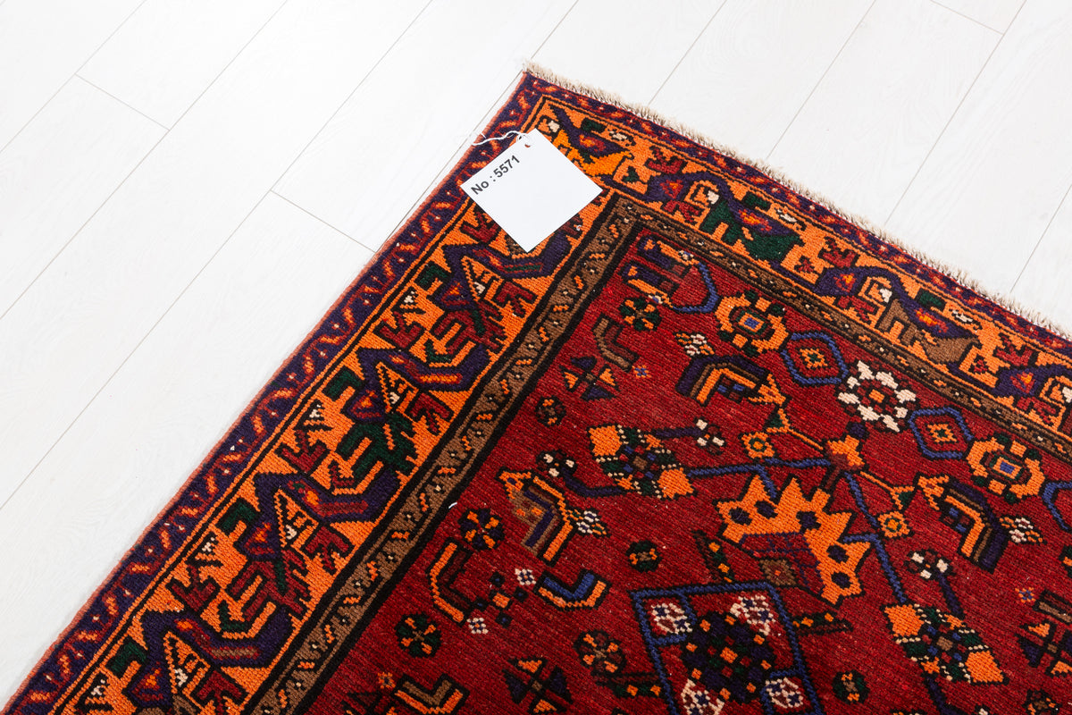 Rare Vintage Rust Red, Navy Blue, Orange Allover Geometric Hand-Knotted Area Rug – 6' 6" x 3' 5" (198 x 104 cm)