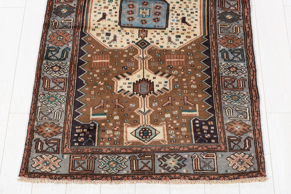 Vintage Brown, Beige, Light Blue Geometric Medallion Hand-Knotted Area Rug – 6' 4" x 3' 5" (193 x 103 cm)