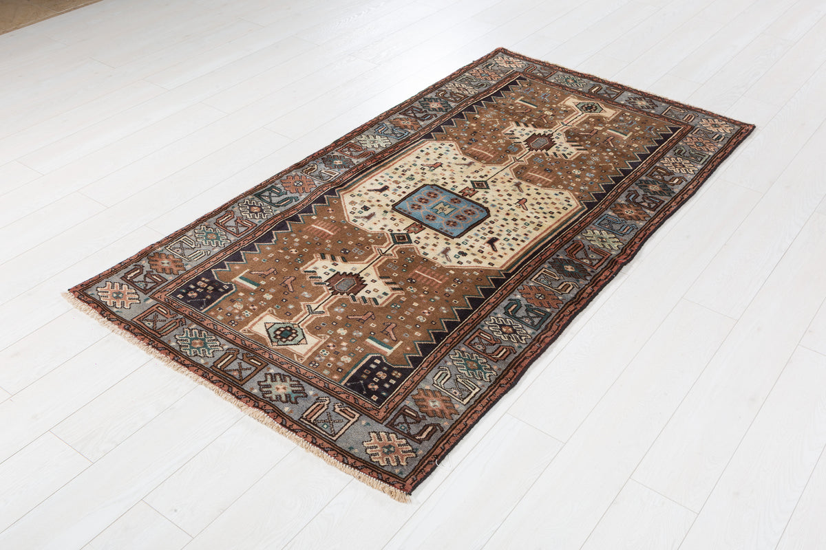 Vintage Brown, Beige, Light Blue Geometric Medallion Hand-Knotted Area Rug – 6' 4" x 3' 5" (193 x 103 cm)