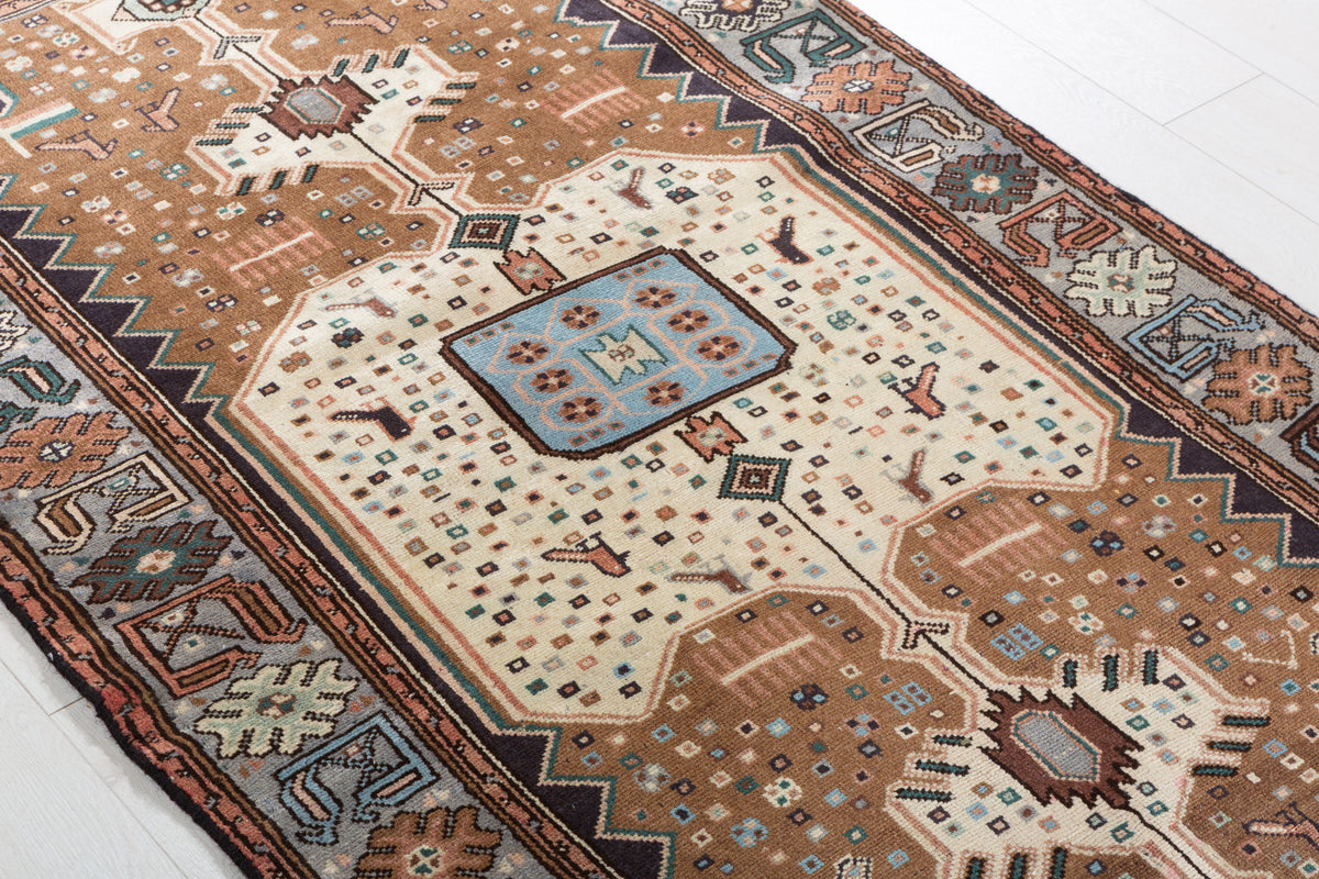 Vintage Brown, Beige, Light Blue Geometric Medallion Hand-Knotted Area Rug – 6' 4" x 3' 5" (193 x 103 cm)