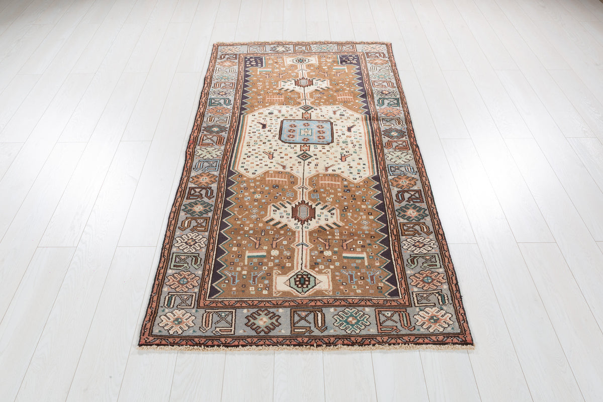 Vintage Brown, Beige, Light Blue Geometric Medallion Hand-Knotted Area Rug – 6' 4" x 3' 5" (193 x 103 cm)