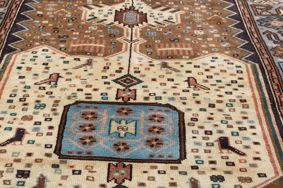 Vintage Brown, Beige, Light Blue Geometric Medallion Hand-Knotted Area Rug – 6' 4" x 3' 5" (193 x 103 cm)