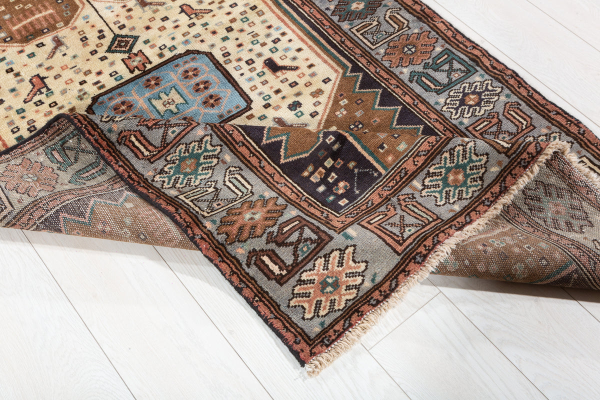Vintage Brown, Beige, Light Blue Geometric Medallion Hand-Knotted Area Rug – 6' 4" x 3' 5" (193 x 103 cm)