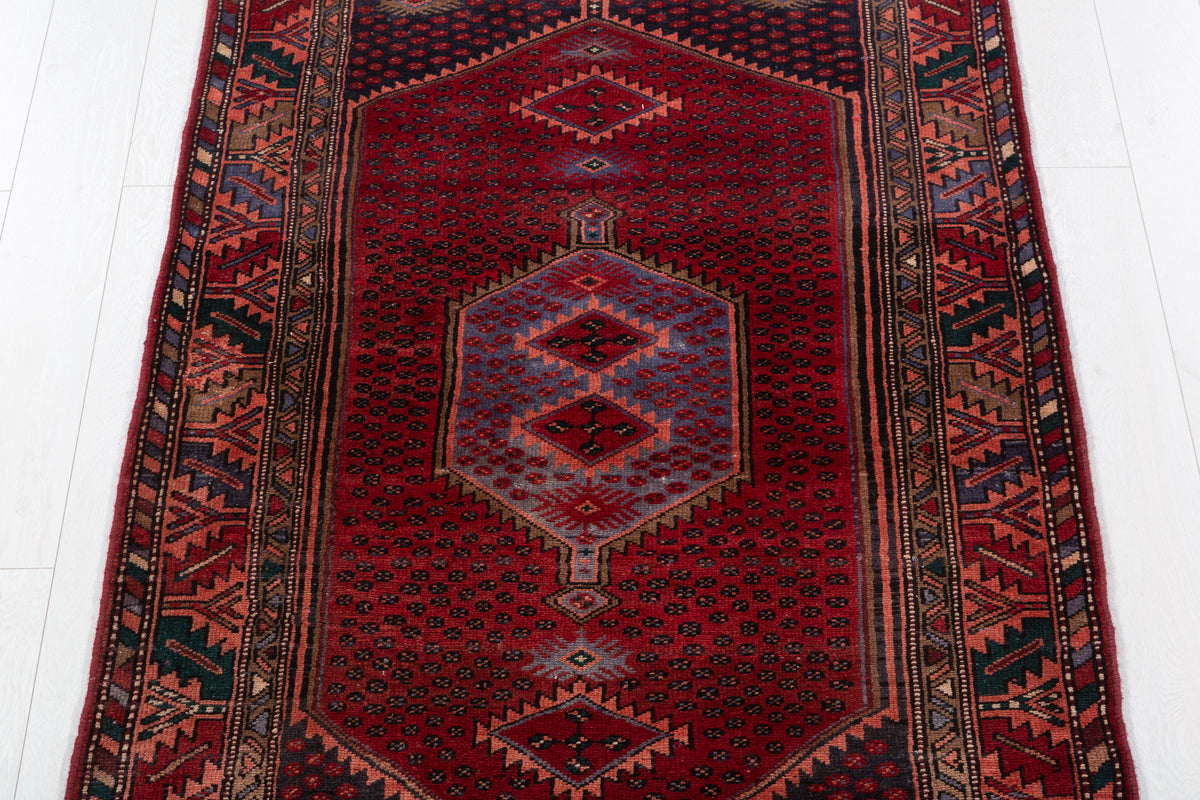 Vintage Rust Red, Salmon Pink Triple Diamond Medallion Hand-Knotted Area Rug – 6' 6" x 3' 8" (198 x 112 cm)