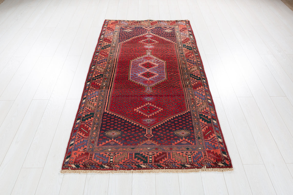 Vintage Rust Red, Salmon Pink Triple Diamond Medallion Hand-Knotted Area Rug – 6' 6" x 3' 8" (198 x 112 cm)