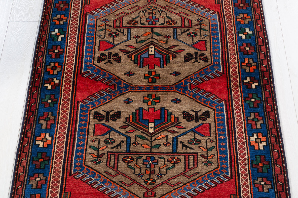 Vintage Brown, Red, and Navy Blue Medallion Geometric Hand-Knotted Area Rug – 6' 7" x 3' 7" (201 x 108 cm)