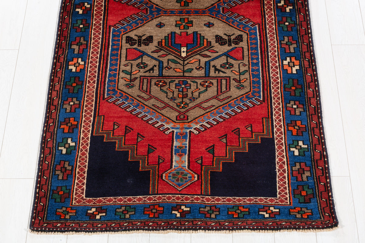 Vintage Brown, Red, and Navy Blue Medallion Geometric Hand-Knotted Area Rug – 6' 7" x 3' 7" (201 x 108 cm)