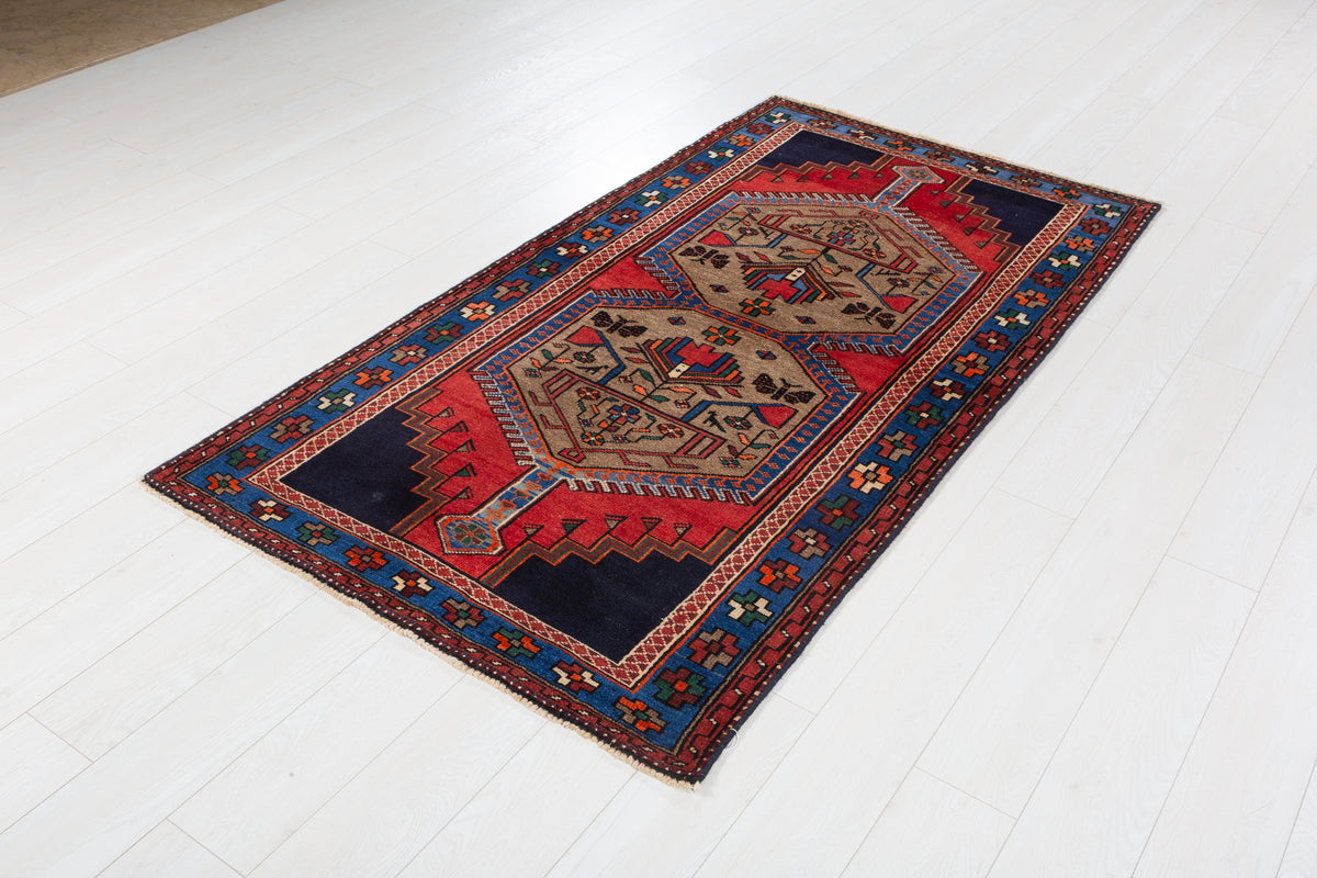 Vintage Brown, Red, and Navy Blue Medallion Geometric Hand-Knotted Area Rug – 6' 7" x 3' 7" (201 x 108 cm)
