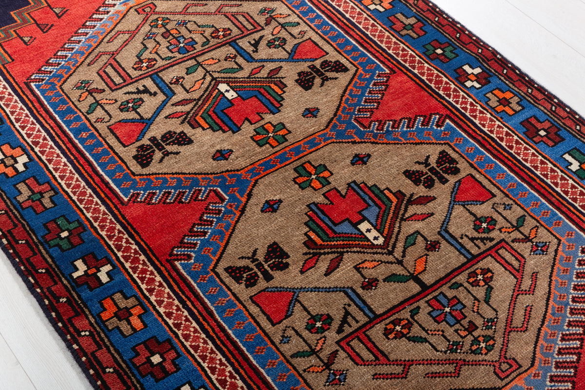 Vintage Brown, Red, and Navy Blue Medallion Geometric Hand-Knotted Area Rug – 6' 7" x 3' 7" (201 x 108 cm)