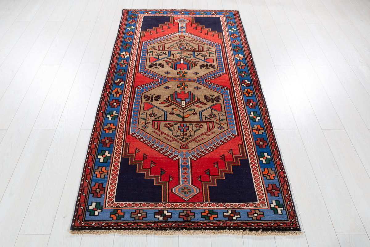 Vintage Brown, Red, and Navy Blue Medallion Geometric Hand-Knotted Area Rug – 6' 7" x 3' 7" (201 x 108 cm)