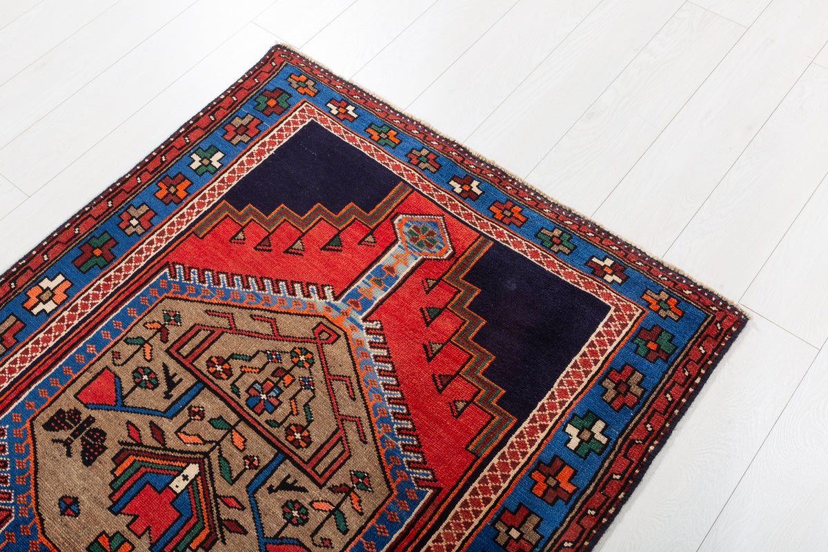 Vintage Brown, Red, and Navy Blue Medallion Geometric Hand-Knotted Area Rug – 6' 7" x 3' 7" (201 x 108 cm)