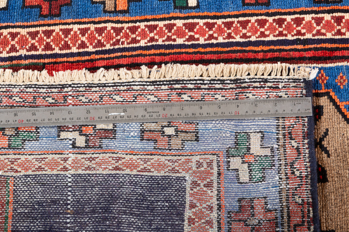 Vintage Brown, Red, and Navy Blue Medallion Geometric Hand-Knotted Area Rug – 6' 7" x 3' 7" (201 x 108 cm)