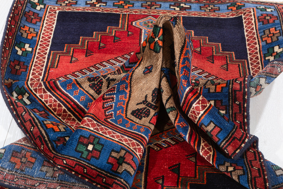 Vintage Brown, Red, and Navy Blue Medallion Geometric Hand-Knotted Area Rug – 6' 7" x 3' 7" (201 x 108 cm)