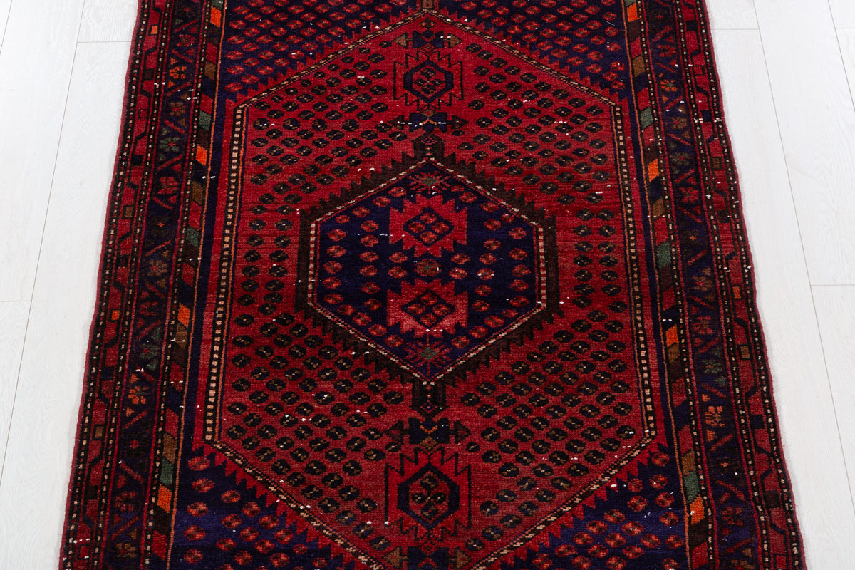 Vintage Rust Red, Navy Blue Allover Diamond Geometric Hand-Knotted Area Rug – 6' 9" x 3' 8" (207 x 111 cm)