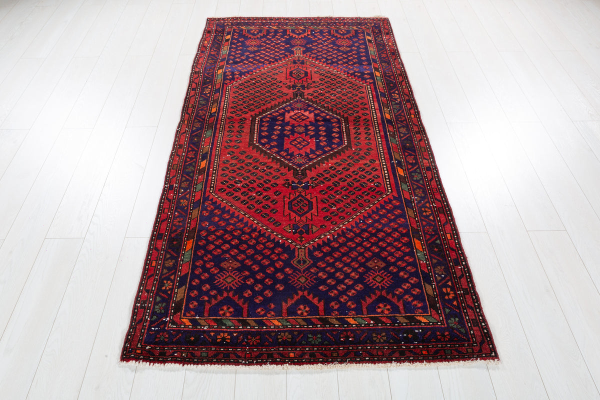 Vintage Rust Red, Navy Blue Allover Diamond Geometric Hand-Knotted Area Rug – 6' 9" x 3' 8" (207 x 111 cm)