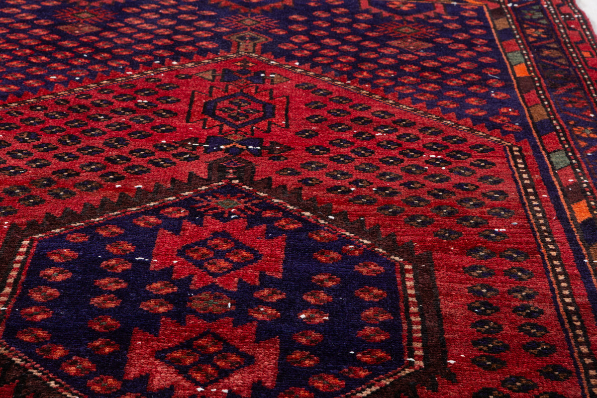Vintage Rust Red, Navy Blue Allover Diamond Geometric Hand-Knotted Area Rug – 6' 9" x 3' 8" (207 x 111 cm)