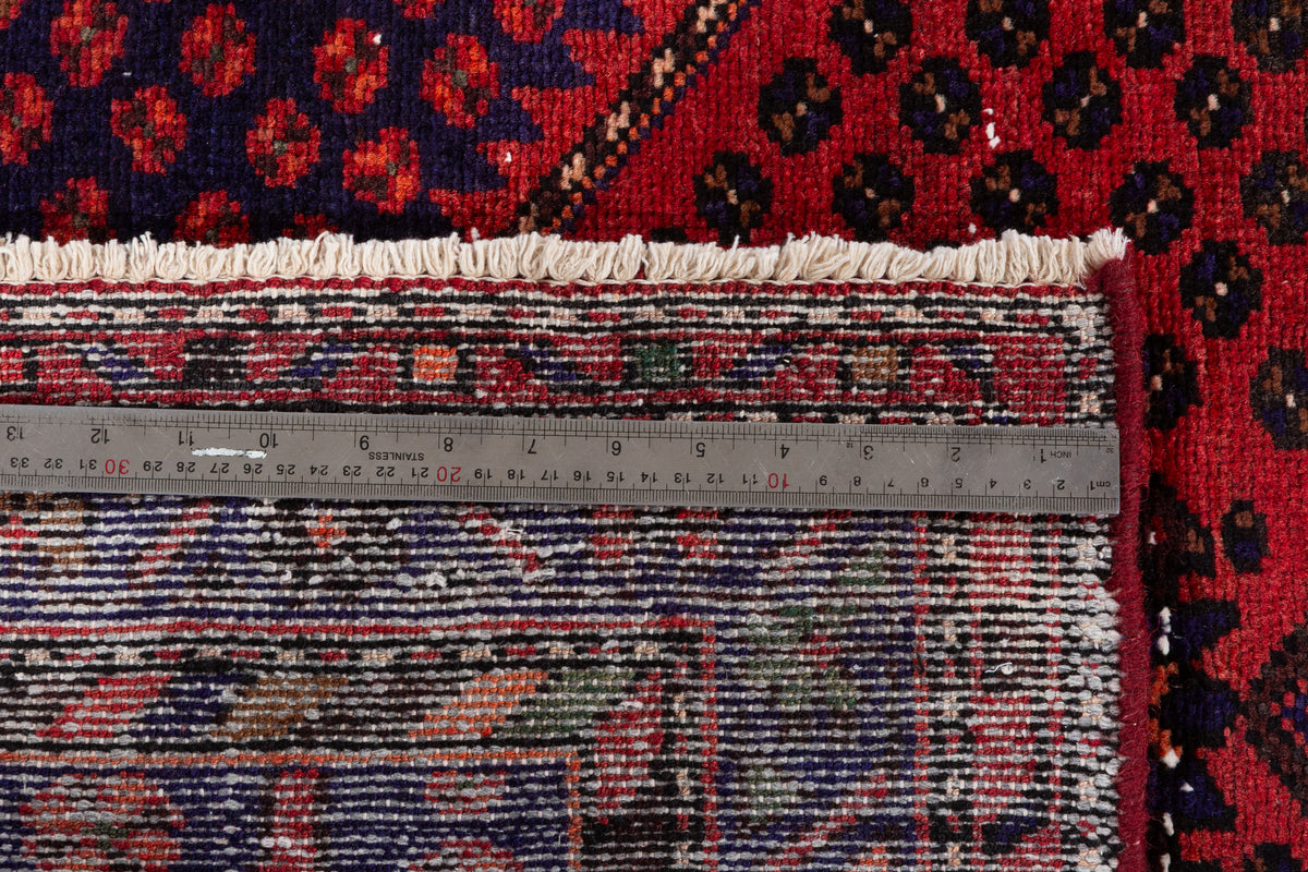 Vintage Rust Red, Navy Blue Allover Diamond Geometric Hand-Knotted Area Rug – 6' 9" x 3' 8" (207 x 111 cm)