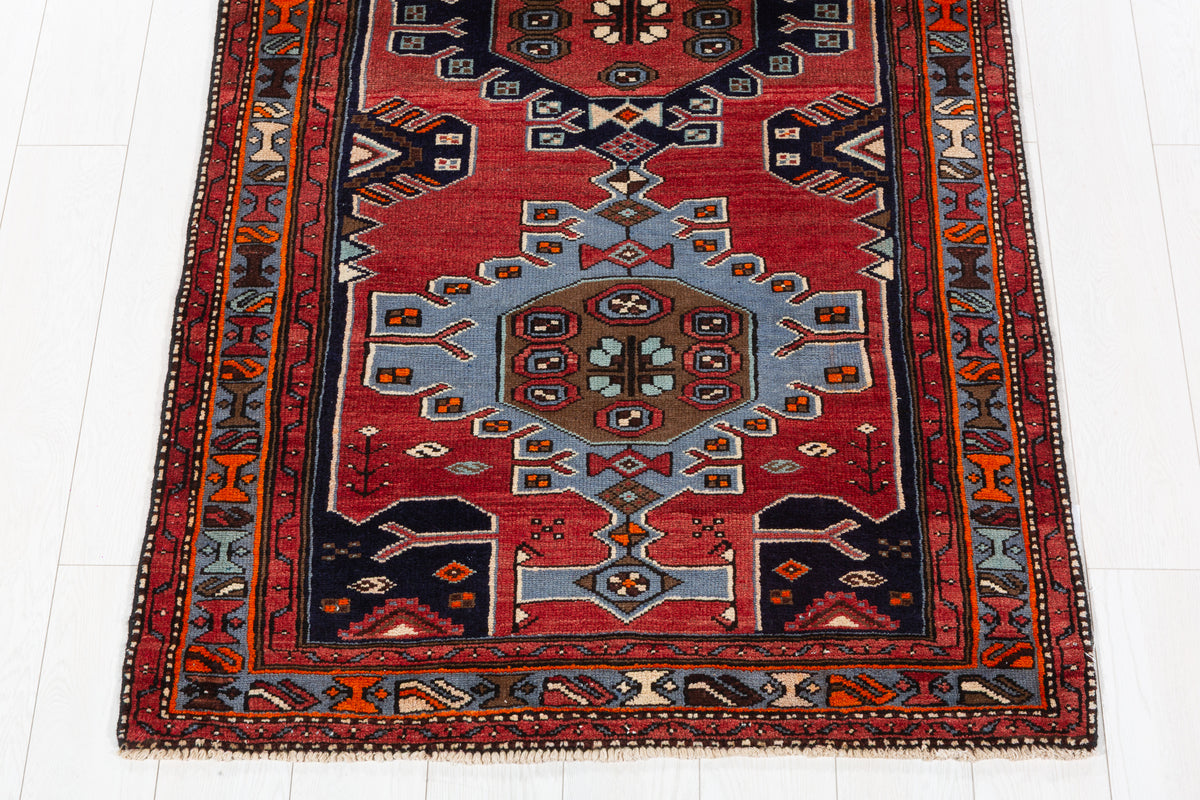 Vintage Red, Light Blue, Navy Blue Medallion Geometric Hand-Knotted Area Rug – 7' 1" x 3' 5" (216 x 105 cm)