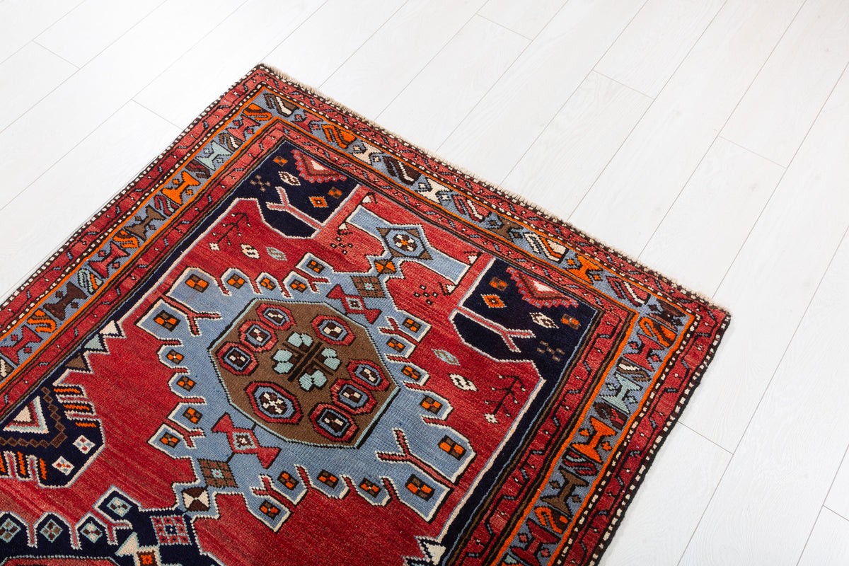 Vintage Red, Light Blue, Navy Blue Medallion Geometric Hand-Knotted Area Rug – 7' 1" x 3' 5" (216 x 105 cm)