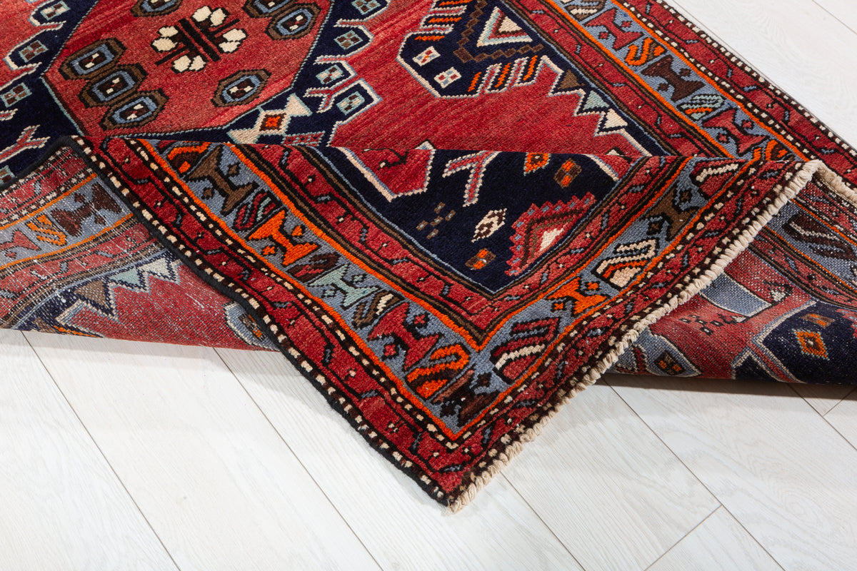 Vintage Red, Light Blue, Navy Blue Medallion Geometric Hand-Knotted Area Rug – 7' 1" x 3' 5" (216 x 105 cm)