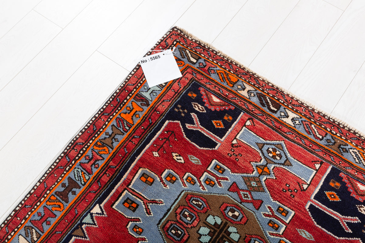 Vintage Red, Light Blue, Navy Blue Medallion Geometric Hand-Knotted Area Rug – 7' 1" x 3' 5" (216 x 105 cm)