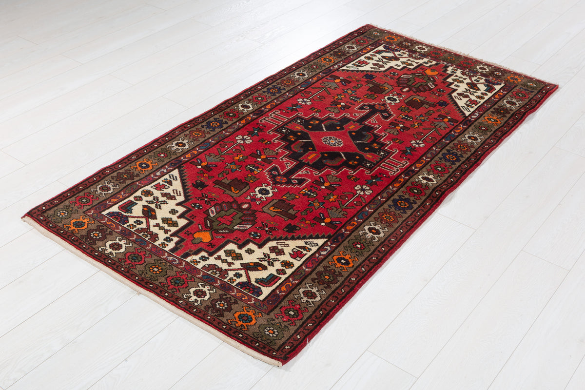 Tapis vintage rouge et brun à médaillon géométrique – 6' 1" x 3' 1" (185 x 95 cm)