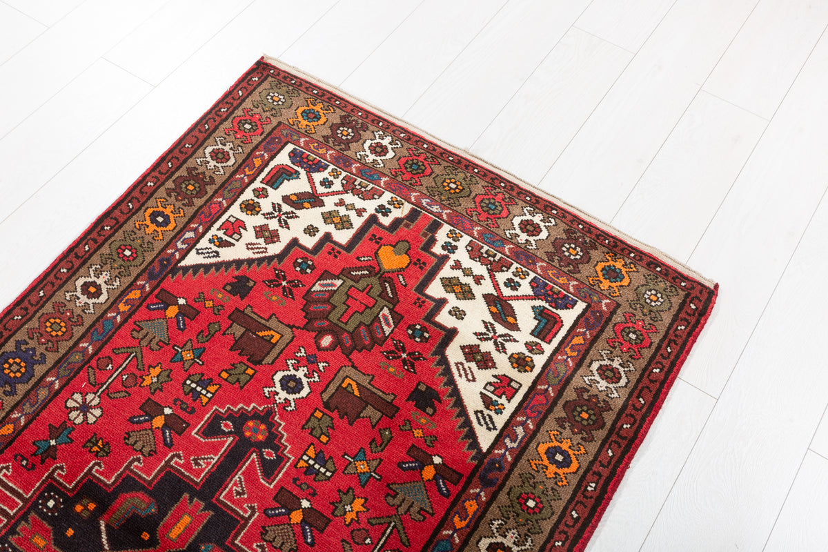 Tapis vintage rouge et brun à médaillon géométrique – 6' 1" x 3' 1" (185 x 95 cm)