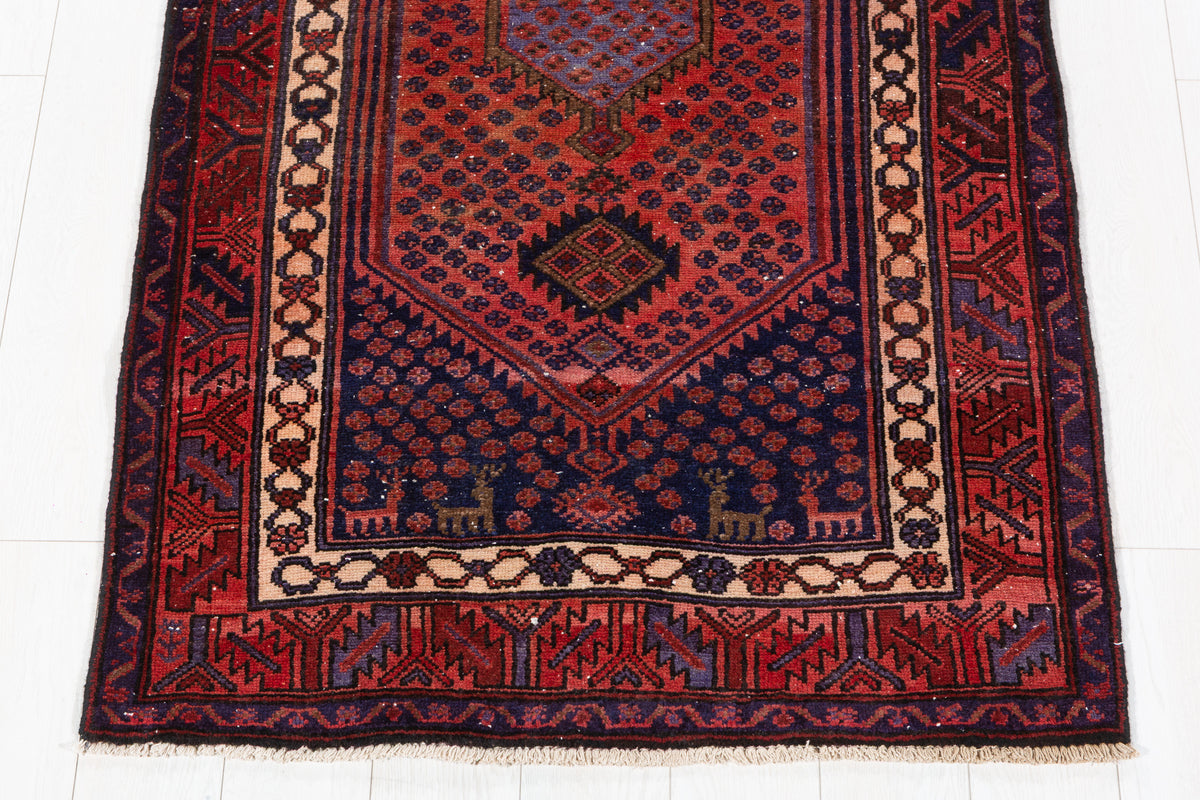 Vintage Rust Red, Navy Blue Medallion Geometric Hand-Knotted Area Rug – 6' 11" x 3' 5" (211 x 105 cm)