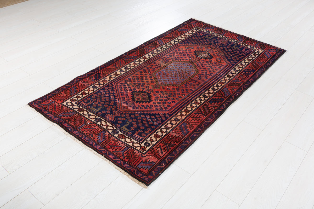Vintage Rust Red, Navy Blue Medallion Geometric Hand-Knotted Area Rug – 6' 11" x 3' 5" (211 x 105 cm)