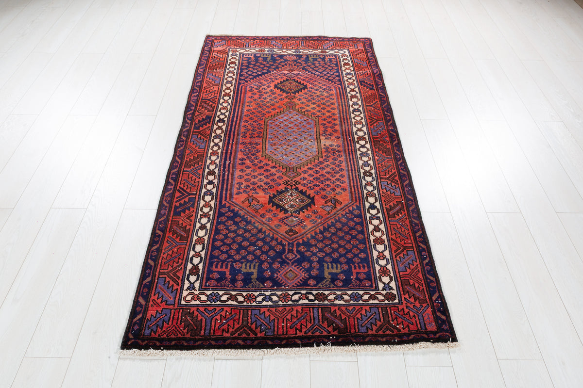 Vintage Rust Red, Navy Blue Medallion Geometric Hand-Knotted Area Rug – 6' 11" x 3' 5" (211 x 105 cm)