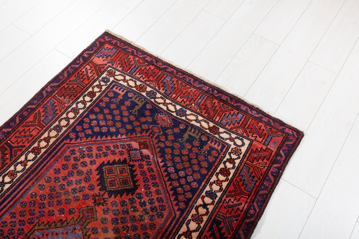 Vintage Rust Red, Navy Blue Medallion Geometric Hand-Knotted Area Rug – 6' 11" x 3' 5" (211 x 105 cm)