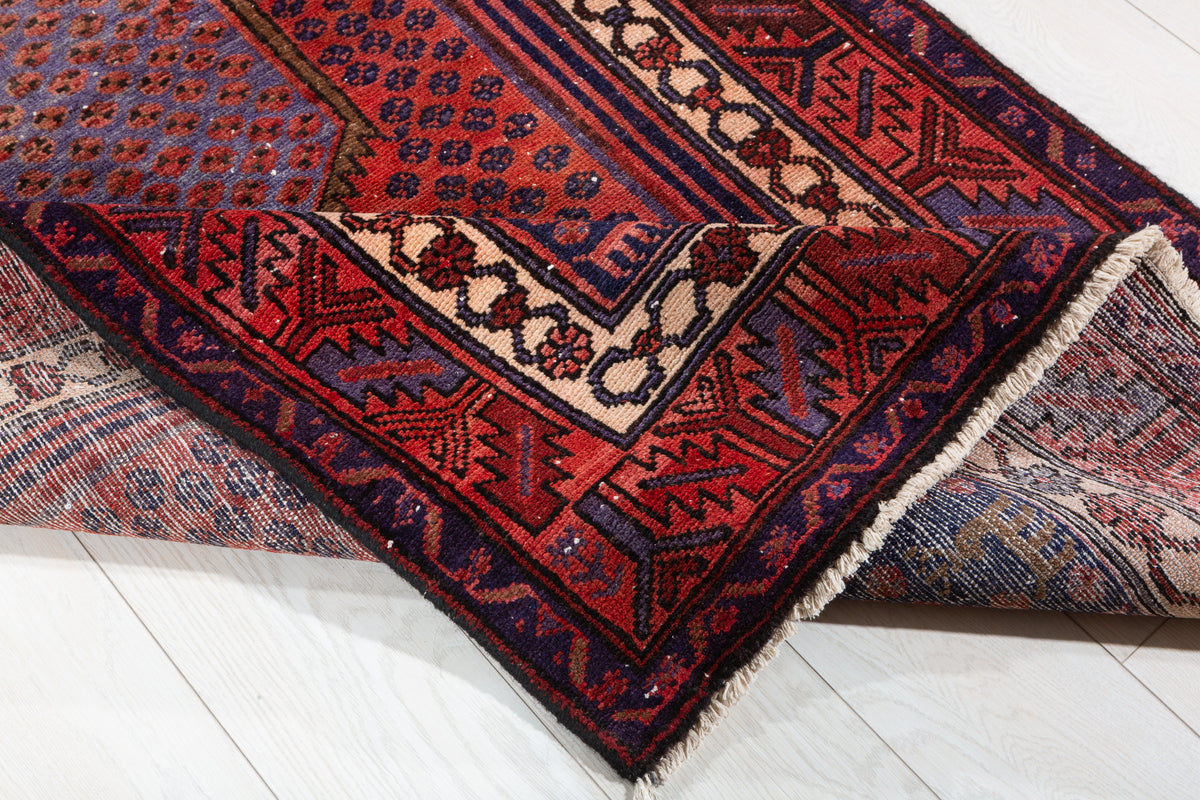Vintage Rust Red, Navy Blue Medallion Geometric Hand-Knotted Area Rug – 6' 11" x 3' 5" (211 x 105 cm)