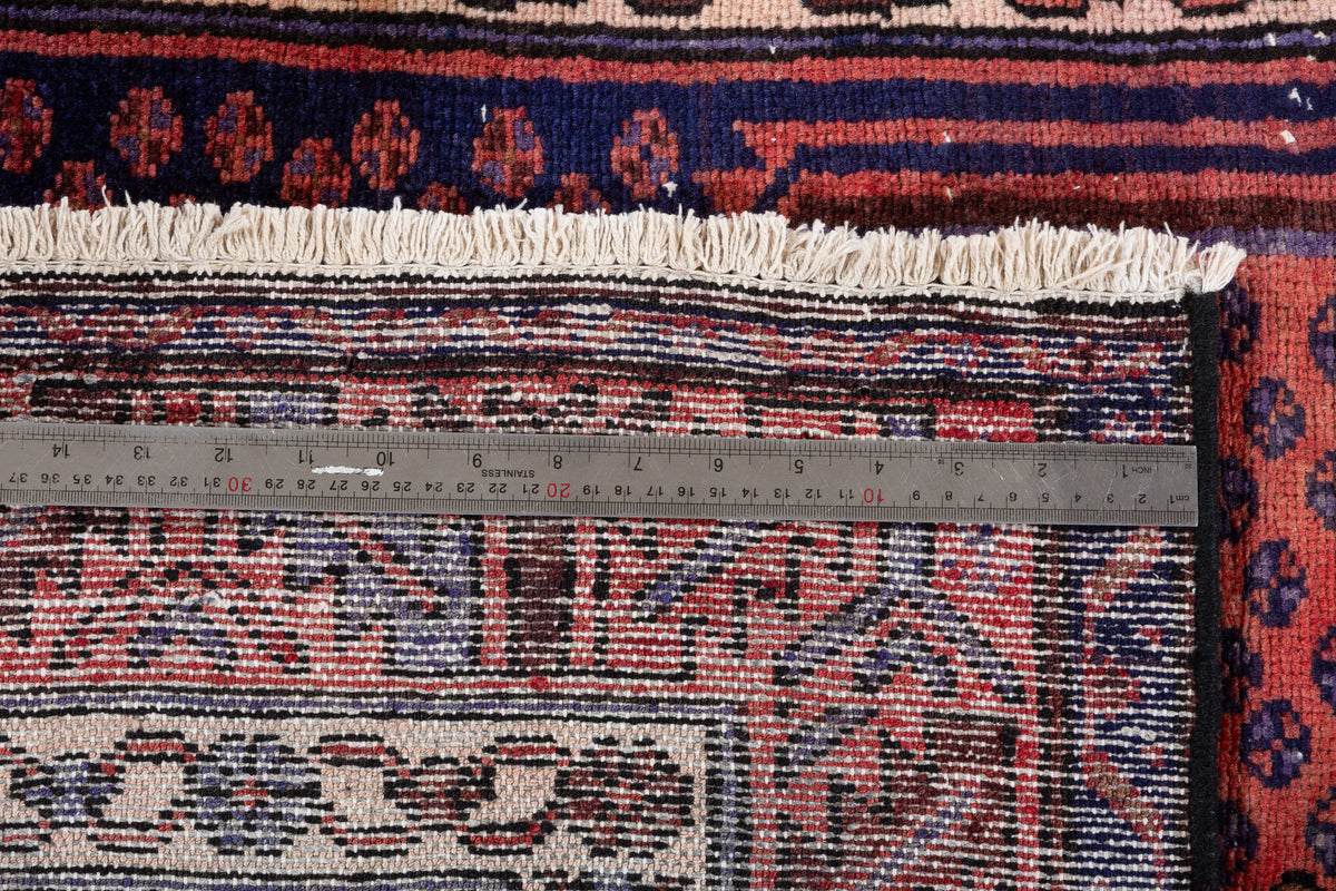 Vintage Rust Red, Navy Blue Medallion Geometric Hand-Knotted Area Rug – 6' 11" x 3' 5" (211 x 105 cm)
