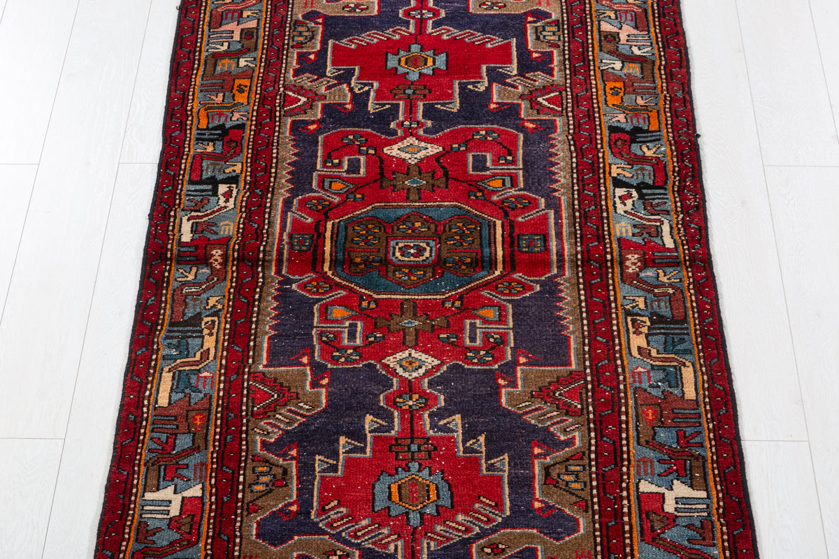 Vintage Red, Navy Blue Geometric Medallion Hand-Knotted Area Rug – 6' 5" x 3' 3" (196 x 98 cm)