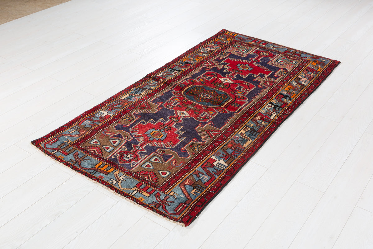 Vintage Red, Navy Blue Geometric Medallion Hand-Knotted Area Rug – 6' 5" x 3' 3" (196 x 98 cm)