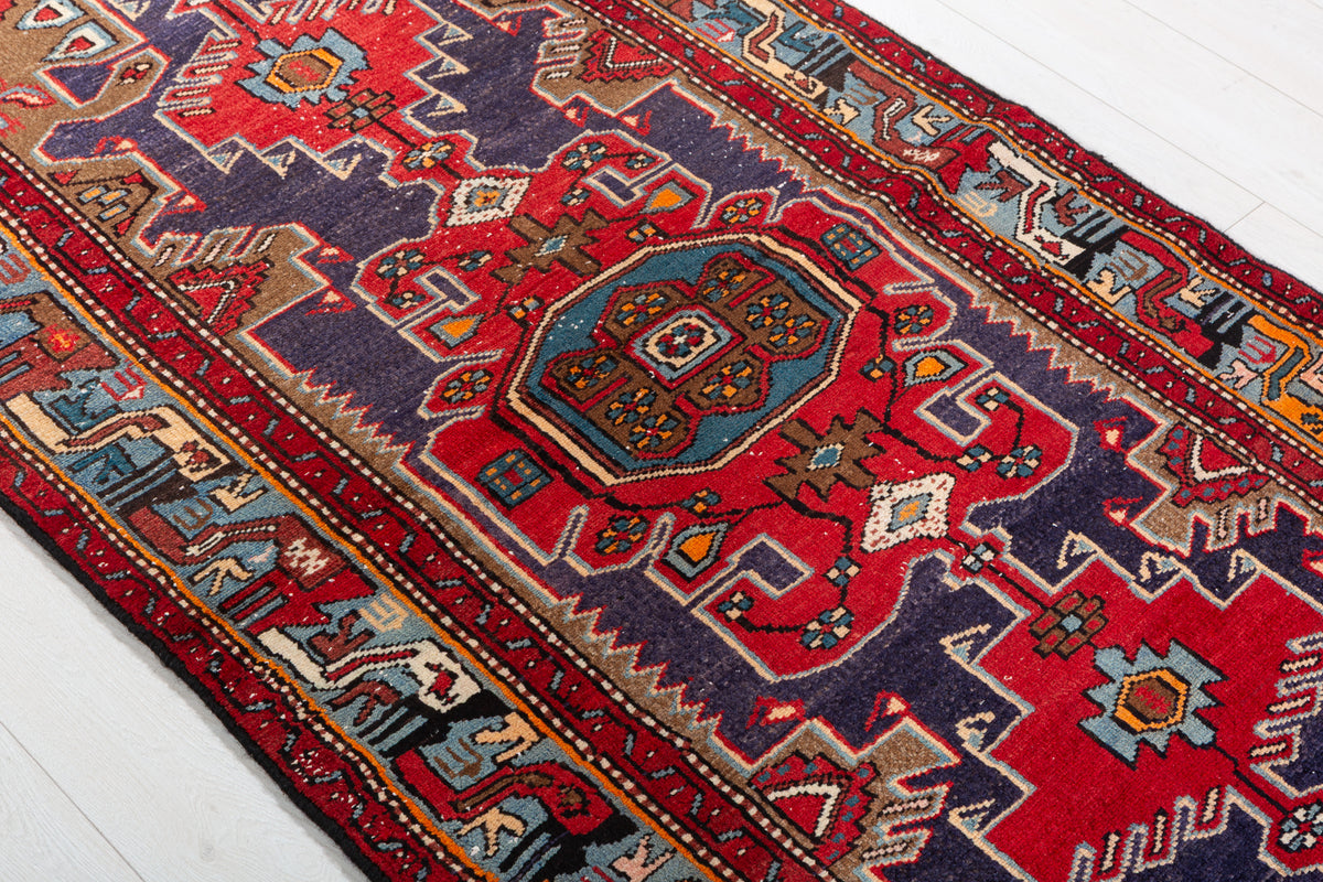 Vintage Red, Navy Blue Geometric Medallion Hand-Knotted Area Rug – 6' 5" x 3' 3" (196 x 98 cm)