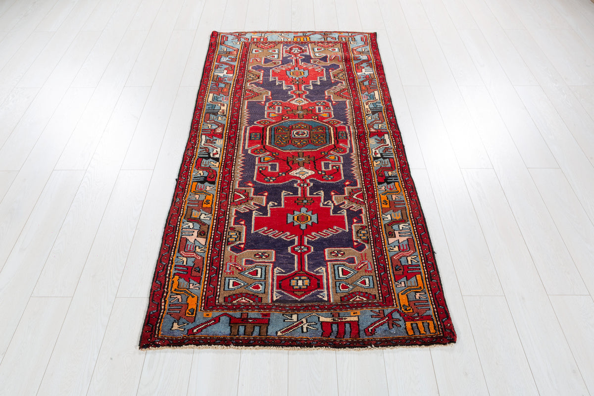 Vintage Red, Navy Blue Geometric Medallion Hand-Knotted Area Rug – 6' 5" x 3' 3" (196 x 98 cm)