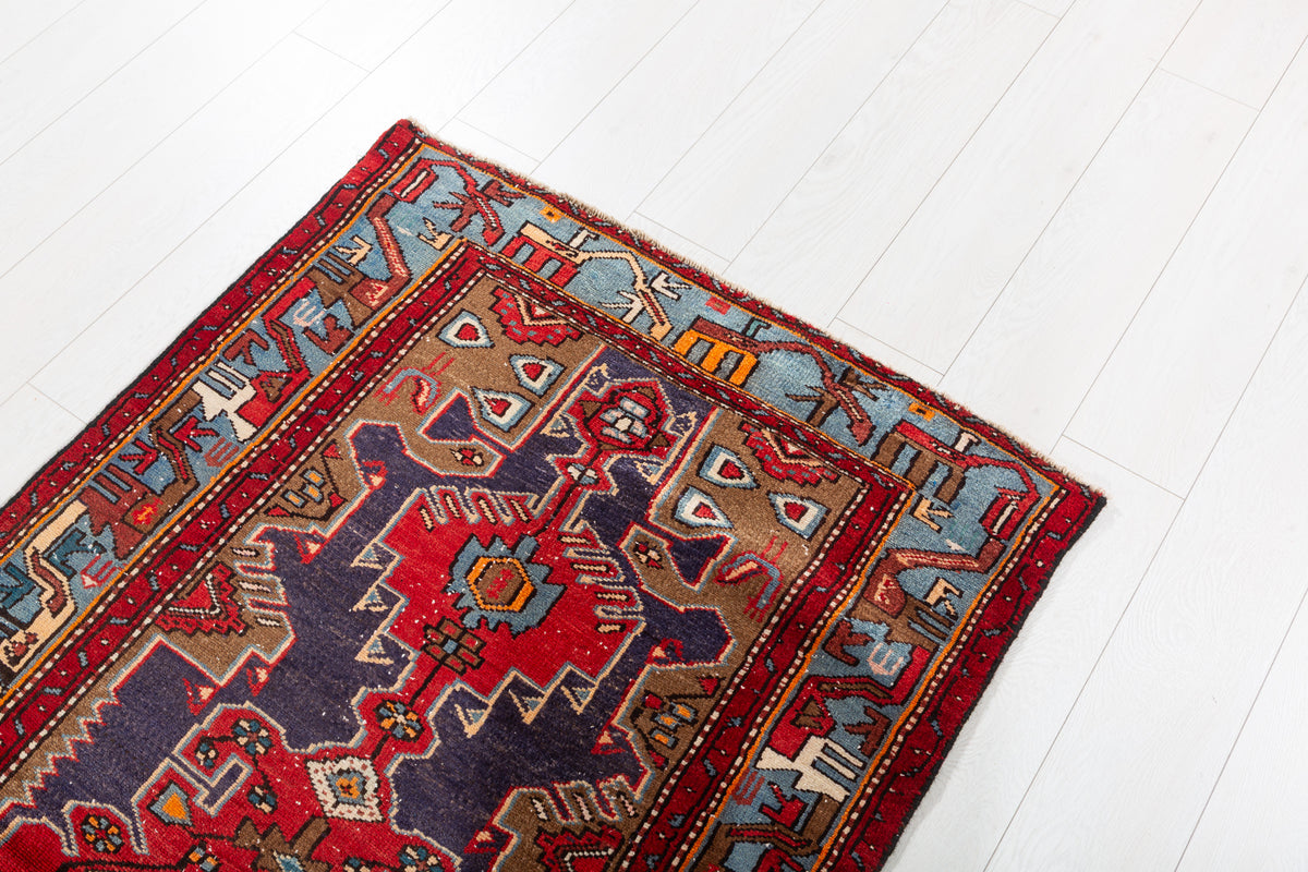 Vintage Red, Navy Blue Geometric Medallion Hand-Knotted Area Rug – 6' 5" x 3' 3" (196 x 98 cm)