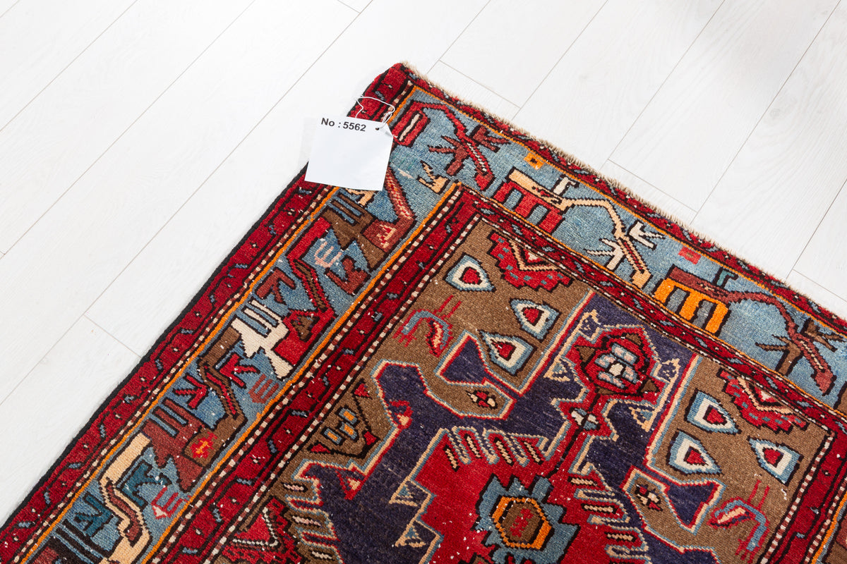 Vintage Red, Navy Blue Geometric Medallion Hand-Knotted Area Rug – 6' 5" x 3' 3" (196 x 98 cm)