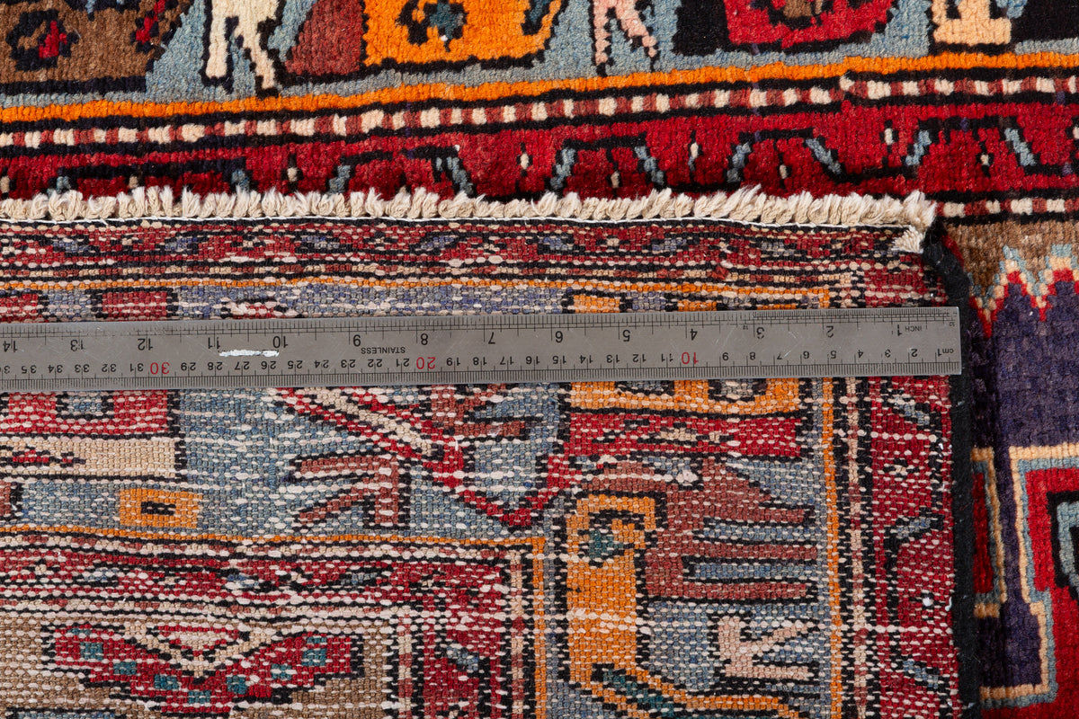 Vintage Red, Navy Blue Geometric Medallion Hand-Knotted Area Rug – 6' 5" x 3' 3" (196 x 98 cm)