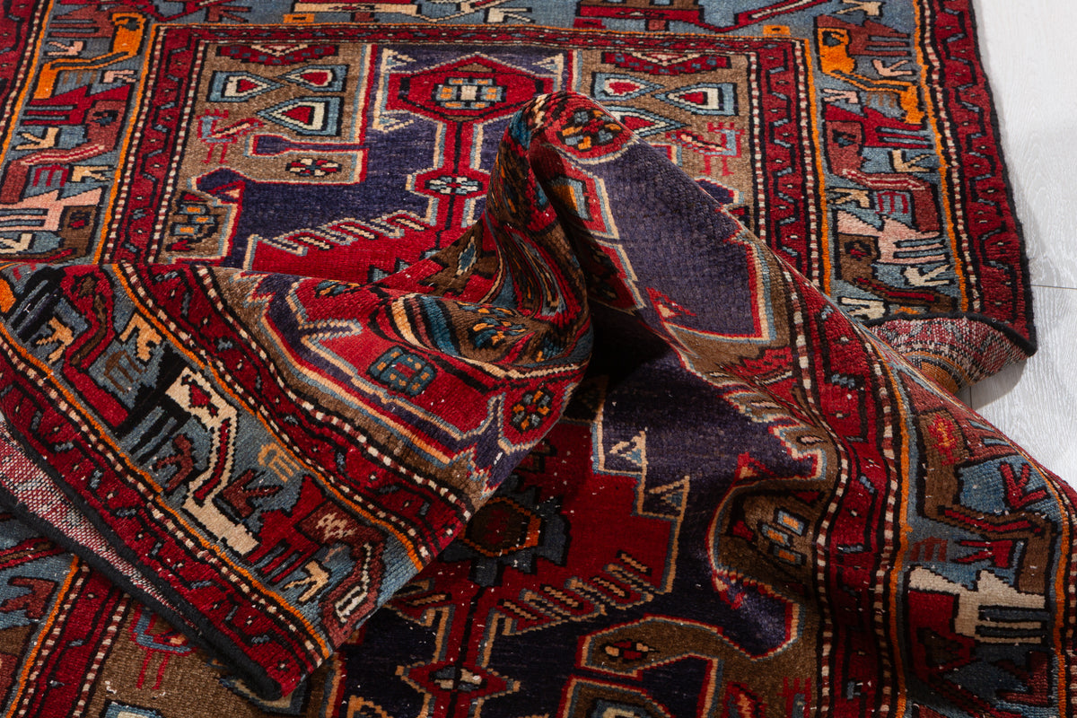 Vintage Red, Navy Blue Geometric Medallion Hand-Knotted Area Rug – 6' 5" x 3' 3" (196 x 98 cm)